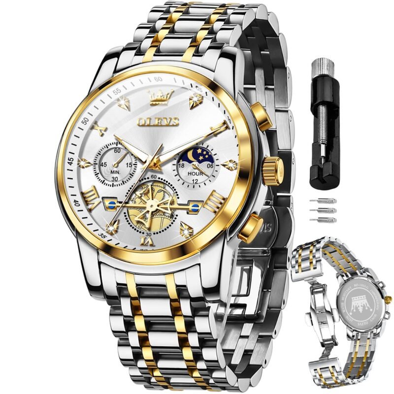 OLEVS Mens Chronograph Watch Gold Silver Stainless Steel Chain Quartz Wrist Watches Business Dress Waterproof Luminous Date Watch