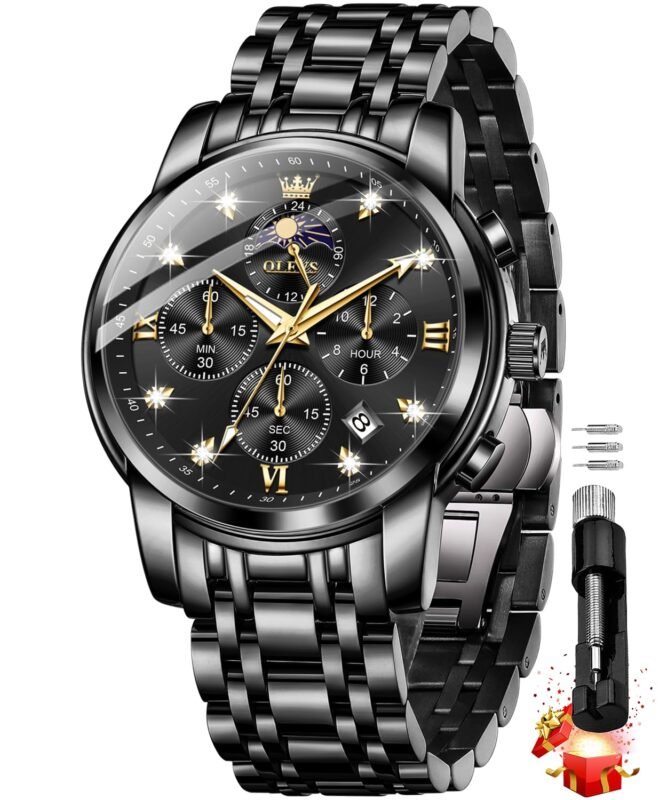OLEVS Chronograph Watches for Men Original Analog Quartz Black Stainless Steel Chain Luxury Dual Time Zone Moon Phase Date Waterproof Men's Wrist Watch
