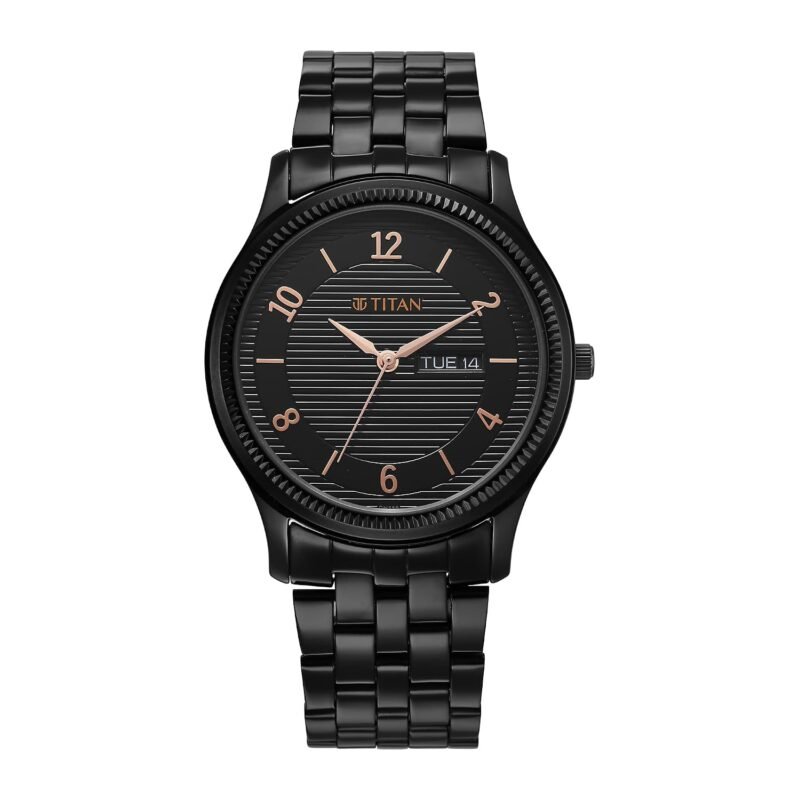Titan Karishma Quartz Analog with Day & Date Black Dial Black Stainless Steel Strap Watch for Men - NT1824NM01