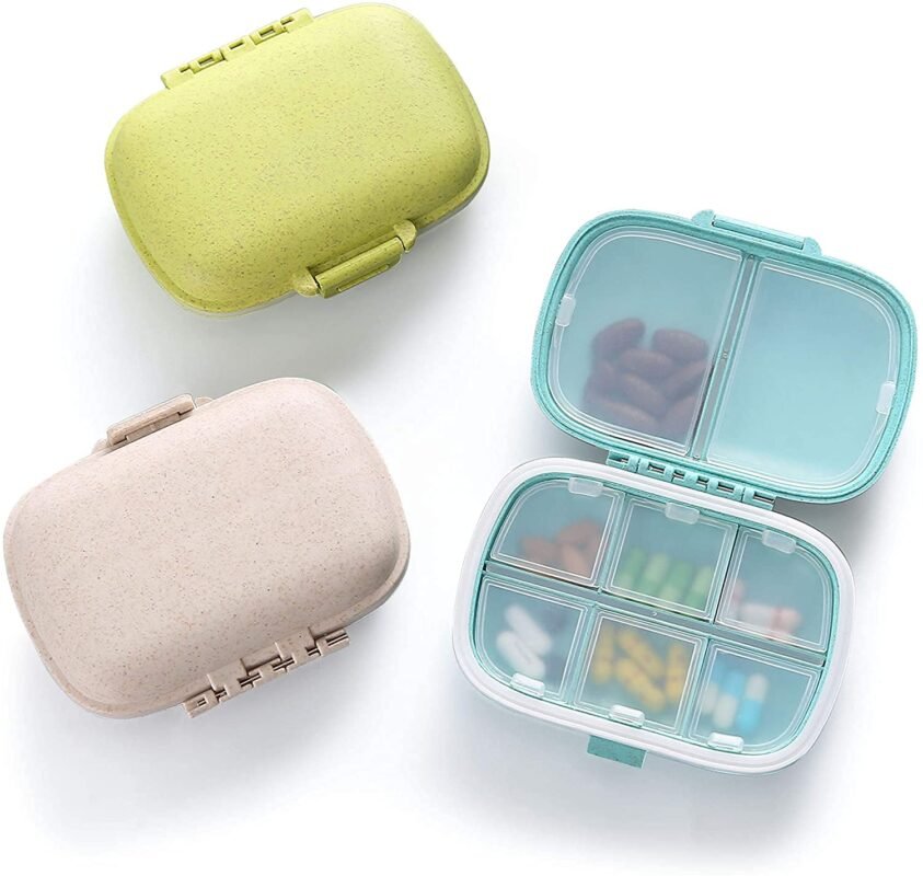 Pill Medicine Organizer Storage Box with 8 Compartments - Moisture Proof, Made of Food Grade Cereal Fiber, BPA free Wheat Straw Material, Ideal for Travel, Pocket, Purse, Daily Pill Case, Portable Medicine Vitamin Holder Container - 1 Pc (Beige)