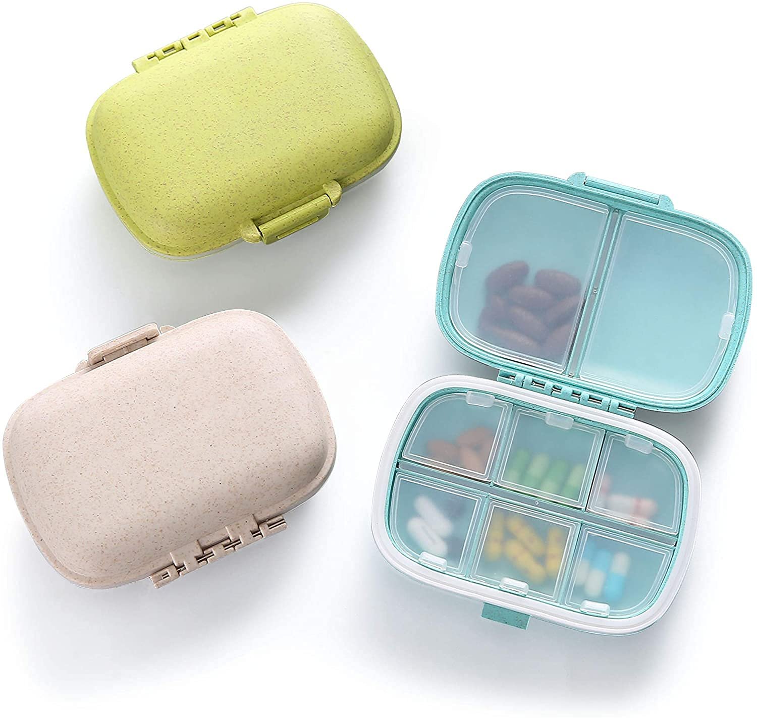 Pill Medicine Organizer Storage Box with 8 Compartments - Moisture Proof, Made of Food Grade Cereal Fiber, BPA free Wheat Straw Material, Ideal for Travel, Pocket, Purse, Daily Pill Case, Portable Medicine Vitamin Holder Container - 1 Pc (Beige)