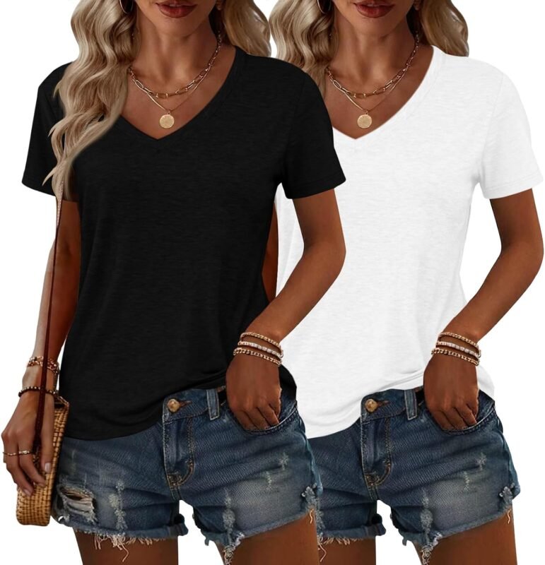 2 Pack Womens Summer Tops V Neck Short Sleeve Casual T Shirts
