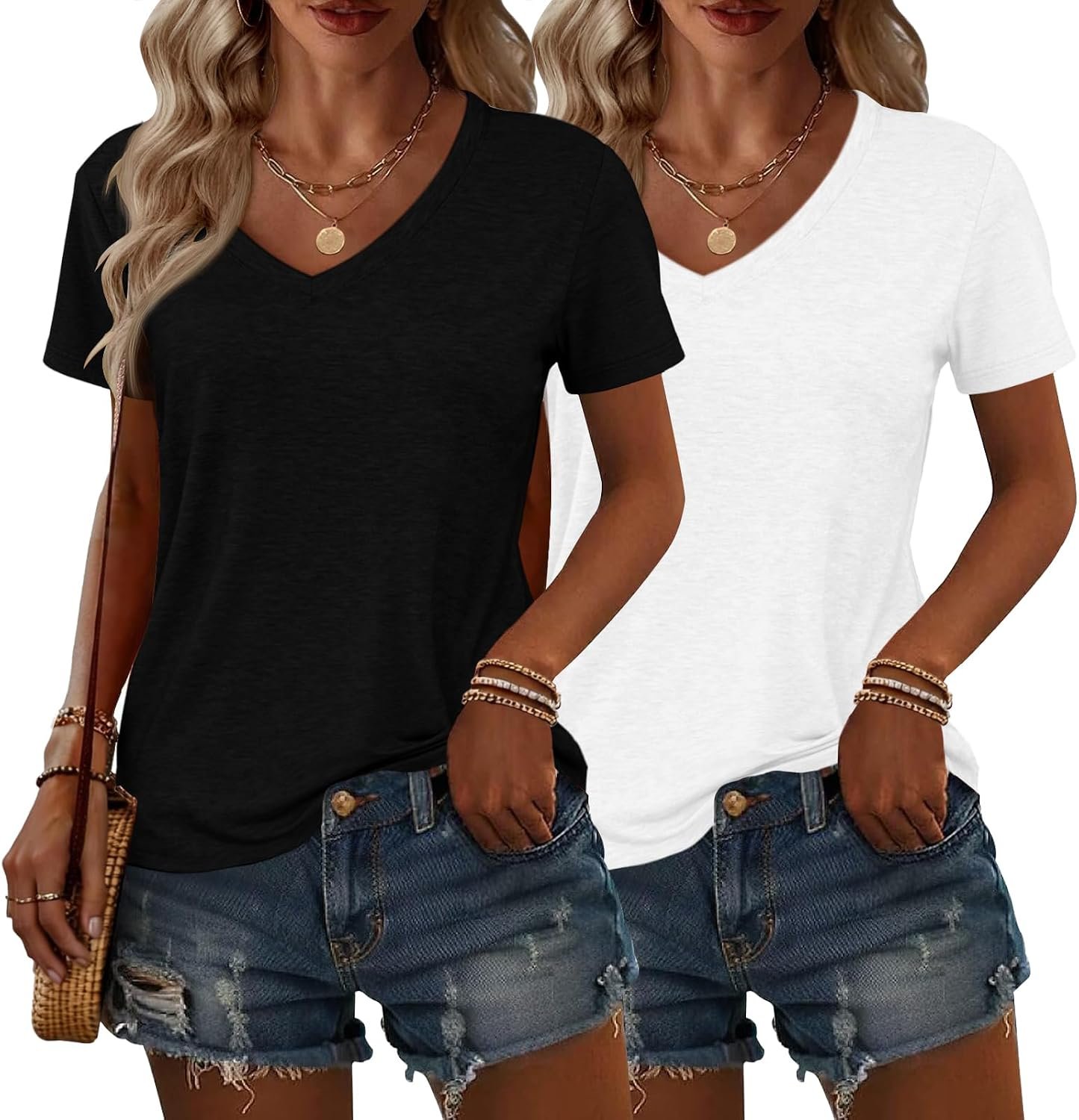 2 Pack Womens Summer Tops V Neck Short Sleeve Casual T Shirts