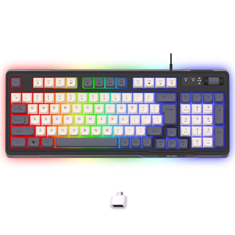 Ant Esports MK740 Wired Gaming Keyboard with Rainbow RGB Backlight, 94 Keys + Multimedia Controls, Anti-Splash Design, USB Plug & Play, Durable ABS Build for PC, Laptop & Gaming