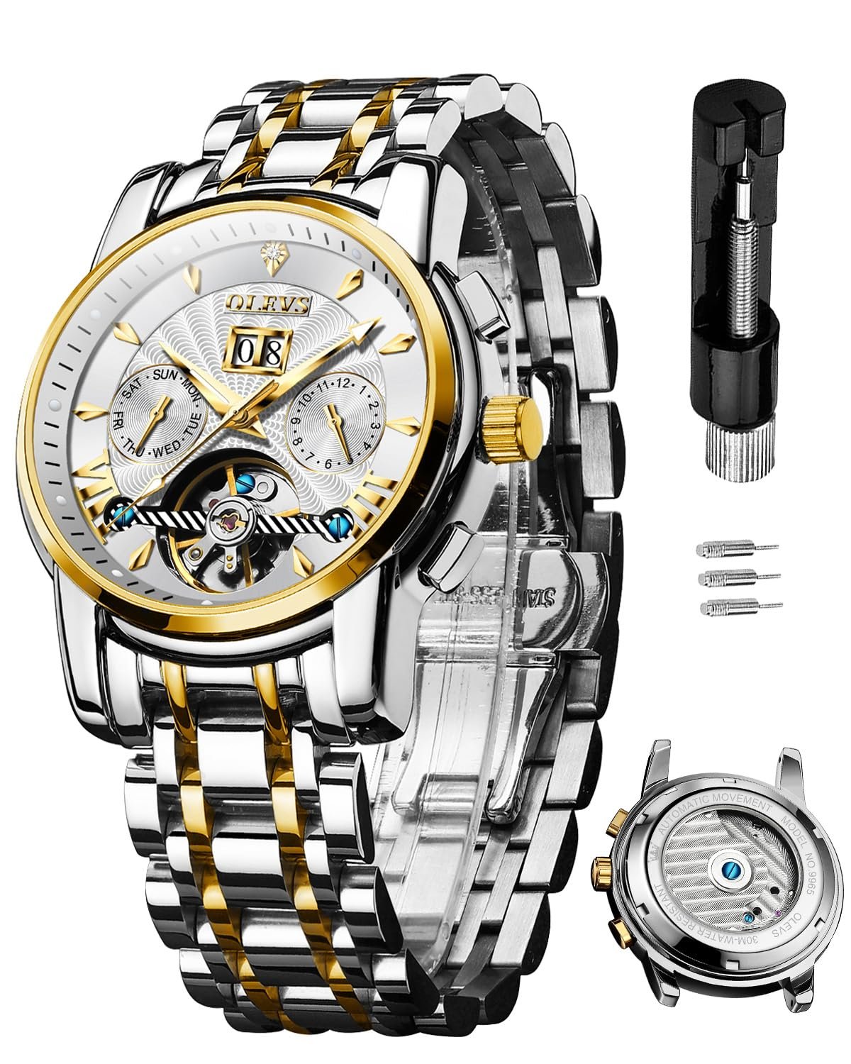 OLEVS Watches for Men Automatic Skeleton 5 Hands Mechanical Luxury Watch Classic Calendar Stainless Steel Waterproof Mens Wrist Watch
