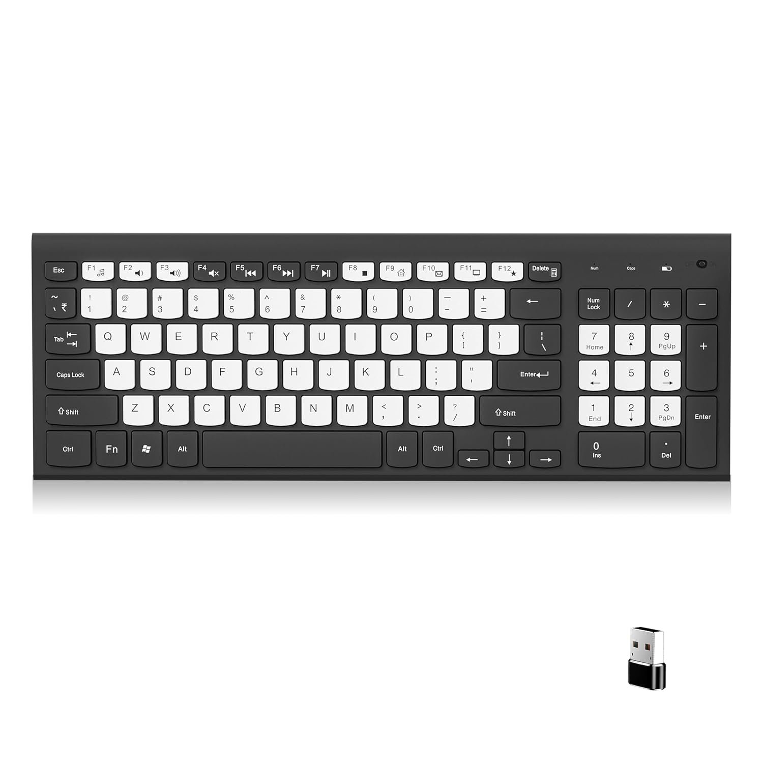 ANT Master 25 Wireless Keyboard, 2.4GHz USB Plug and Play Receiver, 95 Keys with Multimedia Shortcuts, Water-Repellent Slim Membrane Design, 12M Range, Office & Home Productivity, Black & White