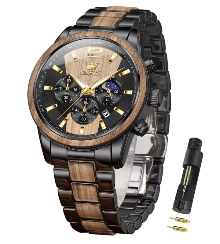 OLEVS Chronograph Watches for Men Original Analog Quartz Gold Silver Stainless Steel Metal Strap Blue Luxury Moon Phase Date Waterproof Branded Men's Wrist Watch