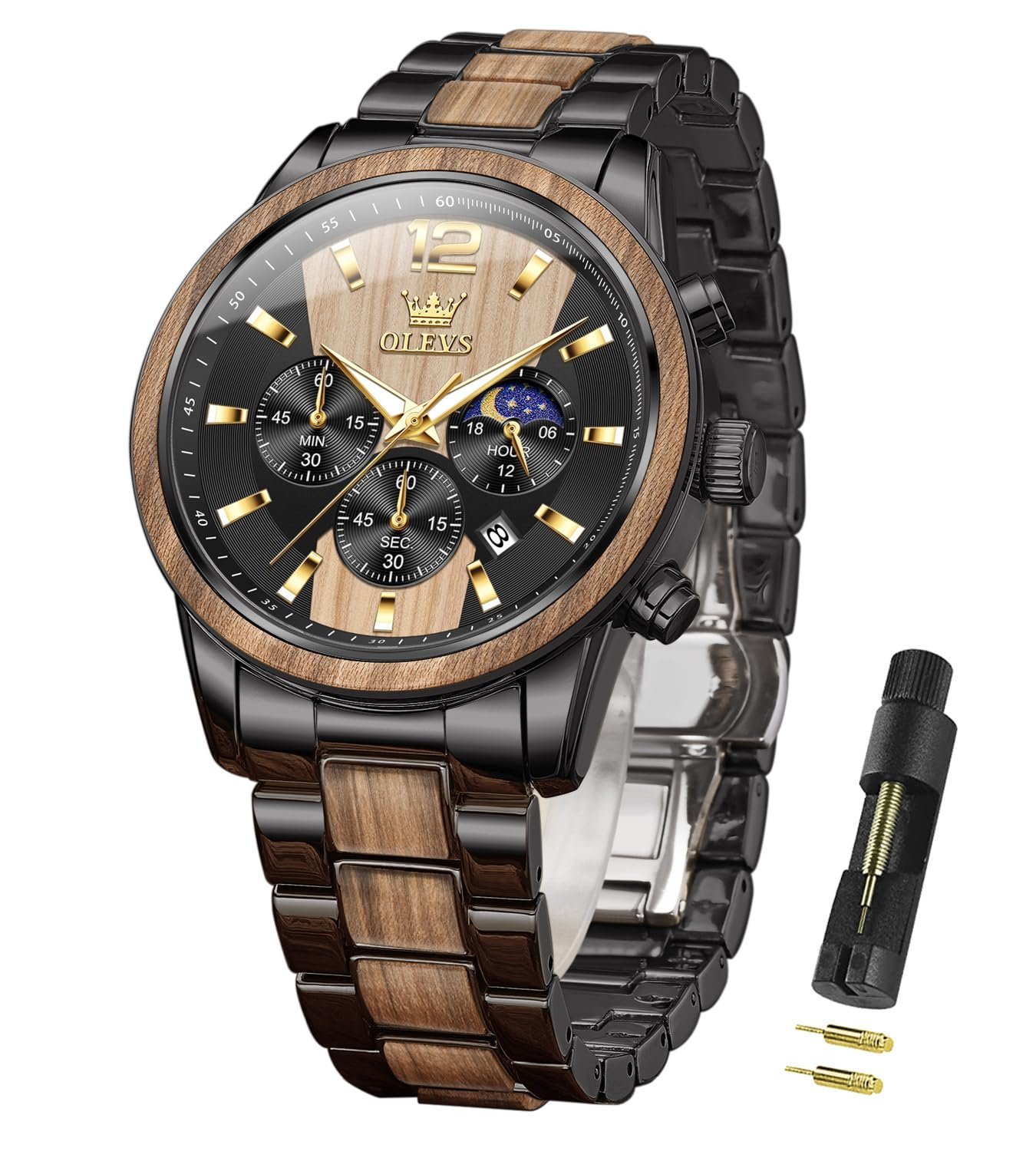 OLEVS Chronograph Watches for Men Original Analog Quartz Gold Silver Stainless Steel Metal Strap Blue Luxury Moon Phase Date Waterproof Branded Men's Wrist Watch