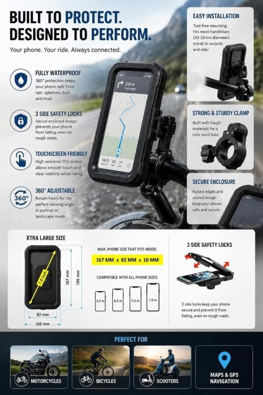 ShopWaves_Mobile Holder | M3 Waterproof Bike Mobile Holder with 360° Rotation | Touch-Friendly Phone Mount for Motorcycle, Scooter & Bicycle | Universal Handlebar Mobile Stand for GPS Navigation