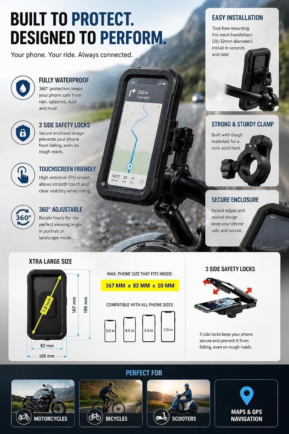 ShopWaves_Mobile Holder | M3 Waterproof Bike Mobile Holder with 360° Rotation | Touch-Friendly Phone Mount for Motorcycle, Scooter & Bicycle | Universal Handlebar Mobile Stand for GPS Navigation