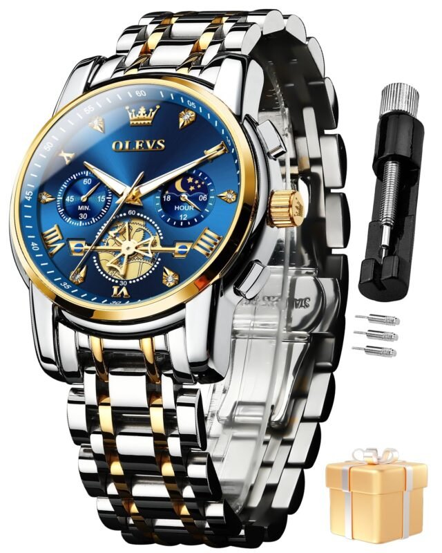 OLEVS Watch for Man Analog Quartz Skeleton Chronograph Diamond Watch Stainless Steel Moon Phase Calendar Waterproof Mens Dress Watches