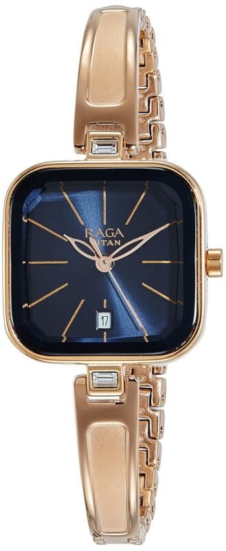 Titan Raga Viva Quartz Analog with Date Blue Dial Rose Gold Metal Strap Watch for Women - NT2607WM02