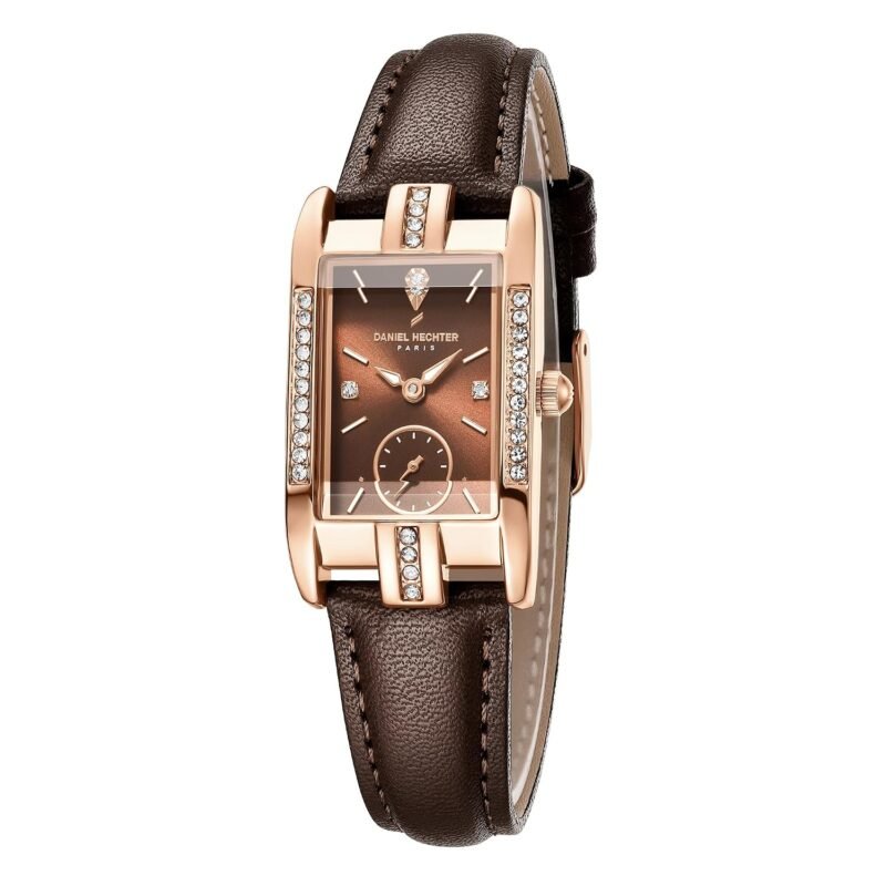 Daniel Hechter Paris Bercy Collection Analog Quartz Watch for Women with Rectangular Sunray Dial, Small Seconds Sub-Dial, Crystal-Studded and Leather Strap - DHW2031