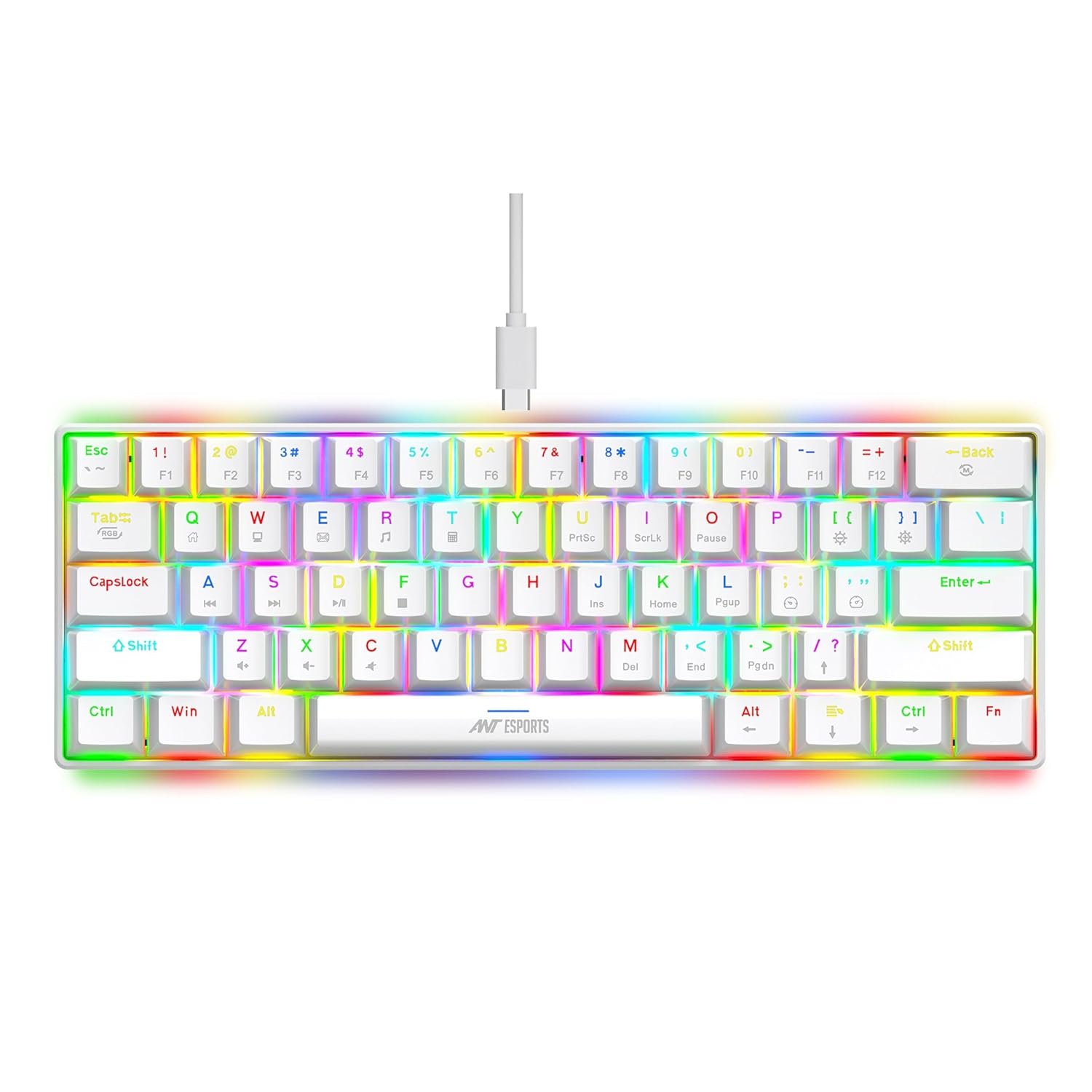 Ant Esports MK1300 V2 Smartchoice Mechanical Gaming Keyboard, 60% Compact 61 Keys Mini, RGB Backlit LED, Brown Switches, Portable Wired USB, Anti-Ghosting, Ergonomic, PC/Mac Gaming Keyboard, White