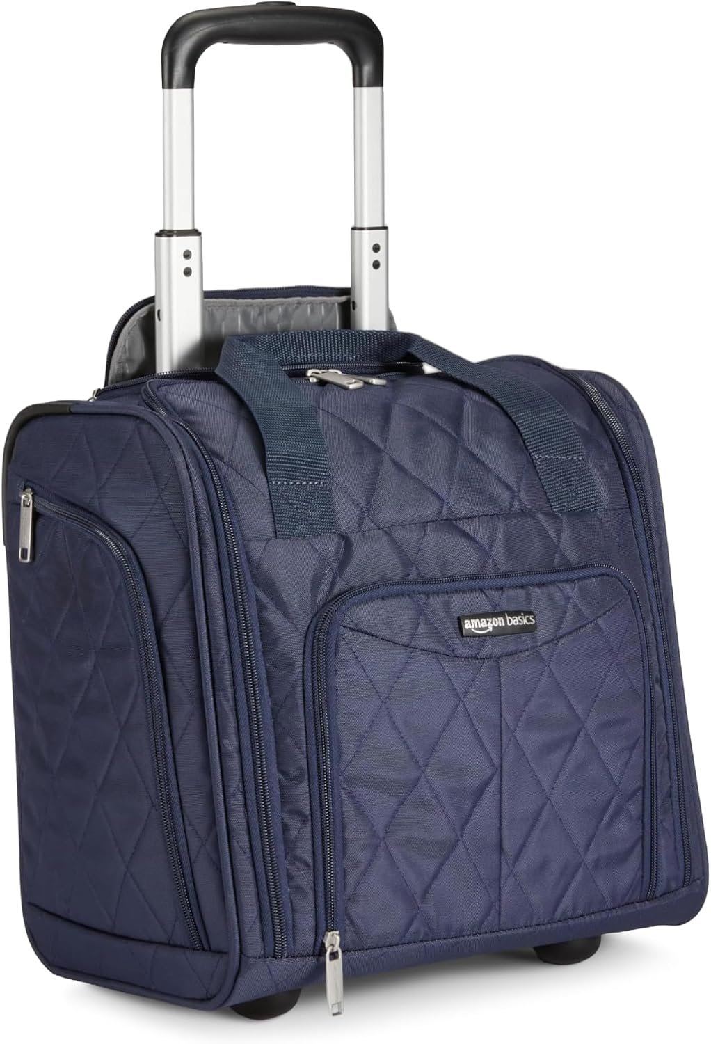 Amazon Basics Underseat Carry-On Luggage with Wheels, 14" Rolling Travel Bag, Fits Under the Seat with Multiple Pockets and Compartments, Navy Quilted