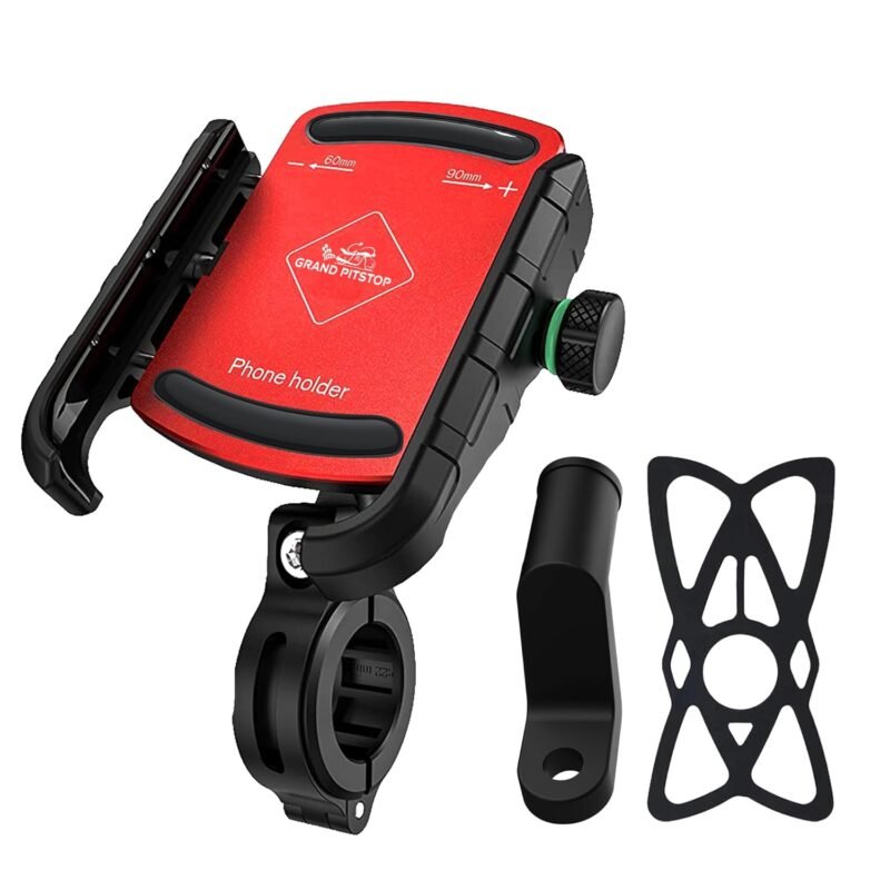 GRAND PITSTOP Bike Mobile Holder | (Red - Jaw Grip, 360° Rotation) | Strong Aluminium Clamp for Motorcycle, Scooter | Secure Phone Mount | Ideal for Navigation & Riding