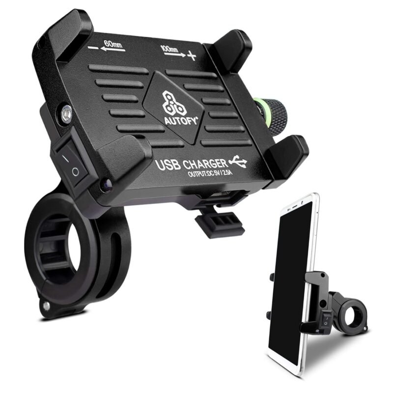 Autofy 1 Year Warranty Universal NEO Aluminium Bike Mobile Holder Phone Mount Cradle Waterproof Bike Mobile Charger for All Bikes Motorcycles (Black)