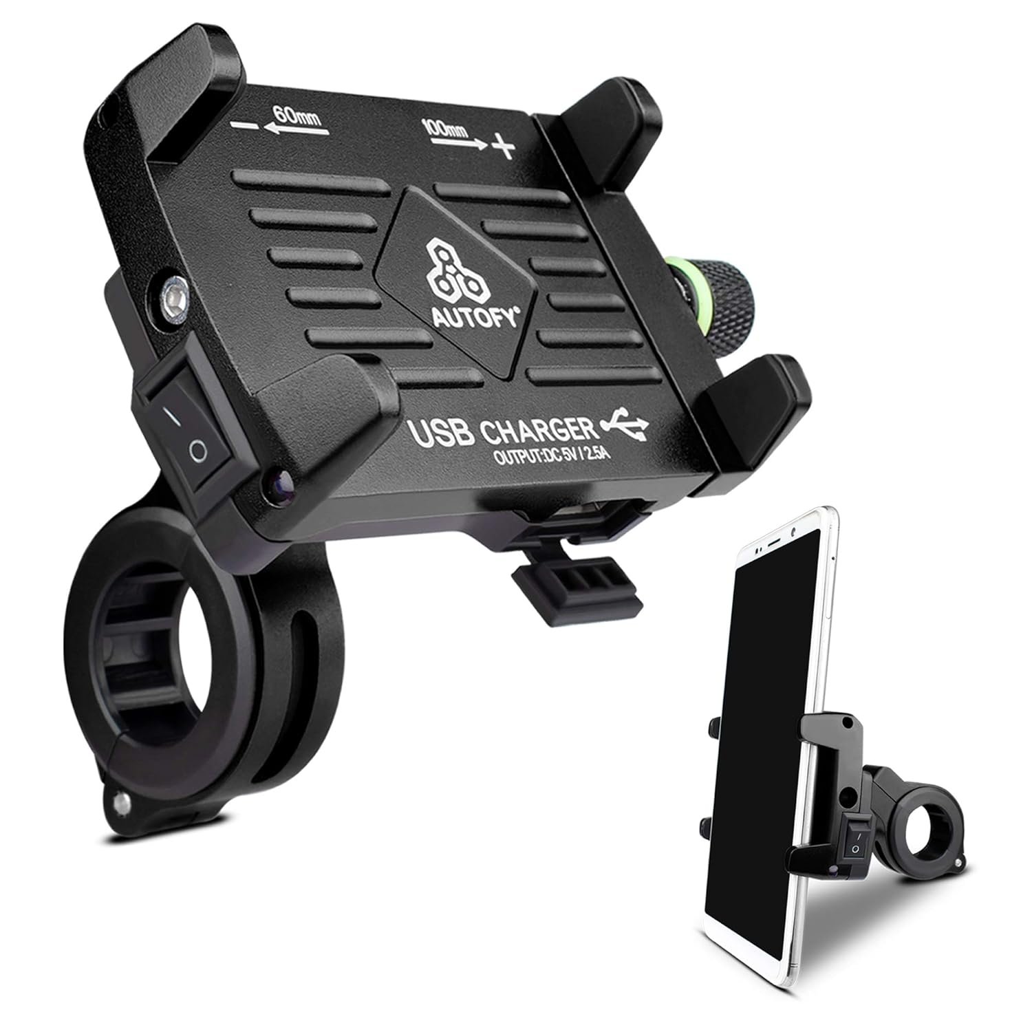 Autofy 1 Year Warranty Universal NEO Aluminium Bike Mobile Holder Phone Mount Cradle Waterproof Bike Mobile Charger for All Bikes Motorcycles (Black)
