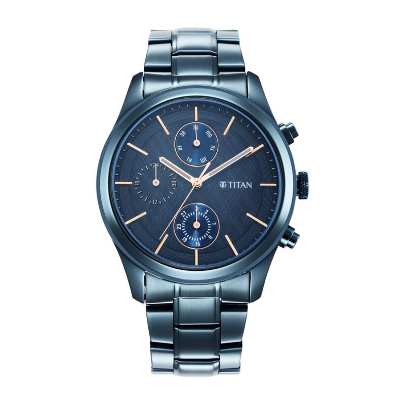 Titan Neo Splash Quartz Multifunction Midnight Blue Dial Metallic Blue Stainless Steel Strap Watch for Men - NT1805QM01