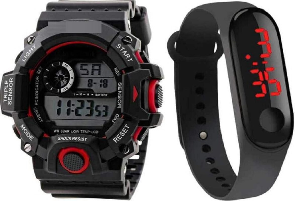 SELLORIA Silicone Digital Men's & Women's Watch Band & Watch (Pack Of 2) ( Black Dial Black Strap )
