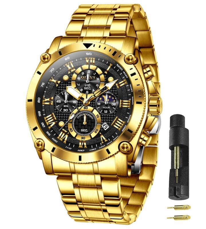 OLEVS Men Watches Chronograph Analog Quartz Fashion Gold Stainless Steel Waterproof Date Wrist Watch for Men
