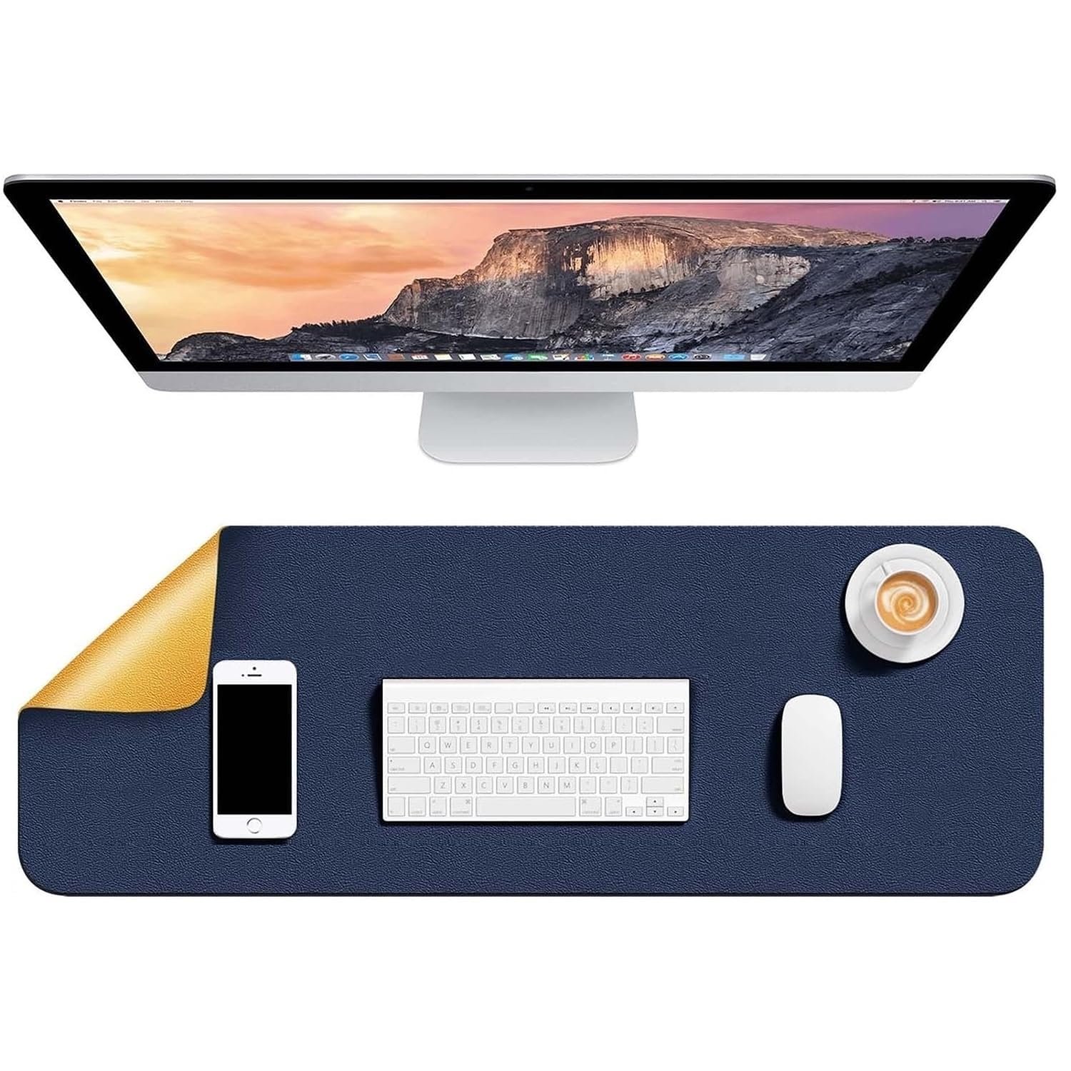 Dyazo Vegan PU Leather Mouse Pad for Remote Work/Office/Gaming, Large Desk Mat, Dual-Sided Anti-Slip, Water-Resistant Design (800 x 300mm, Navy Blue & Yellow)