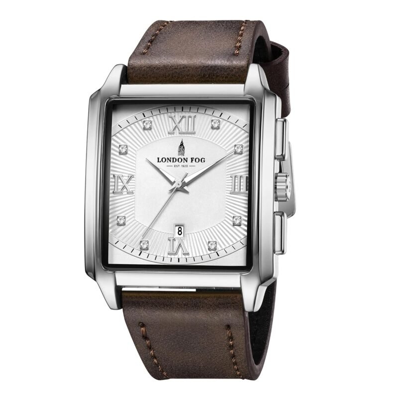 London Fog Mayfair Collection Analog Watch for Men with Square Dial, Crystal Hour Accents, Date Display, Quartz Movement and Leather Strap - LFM10004