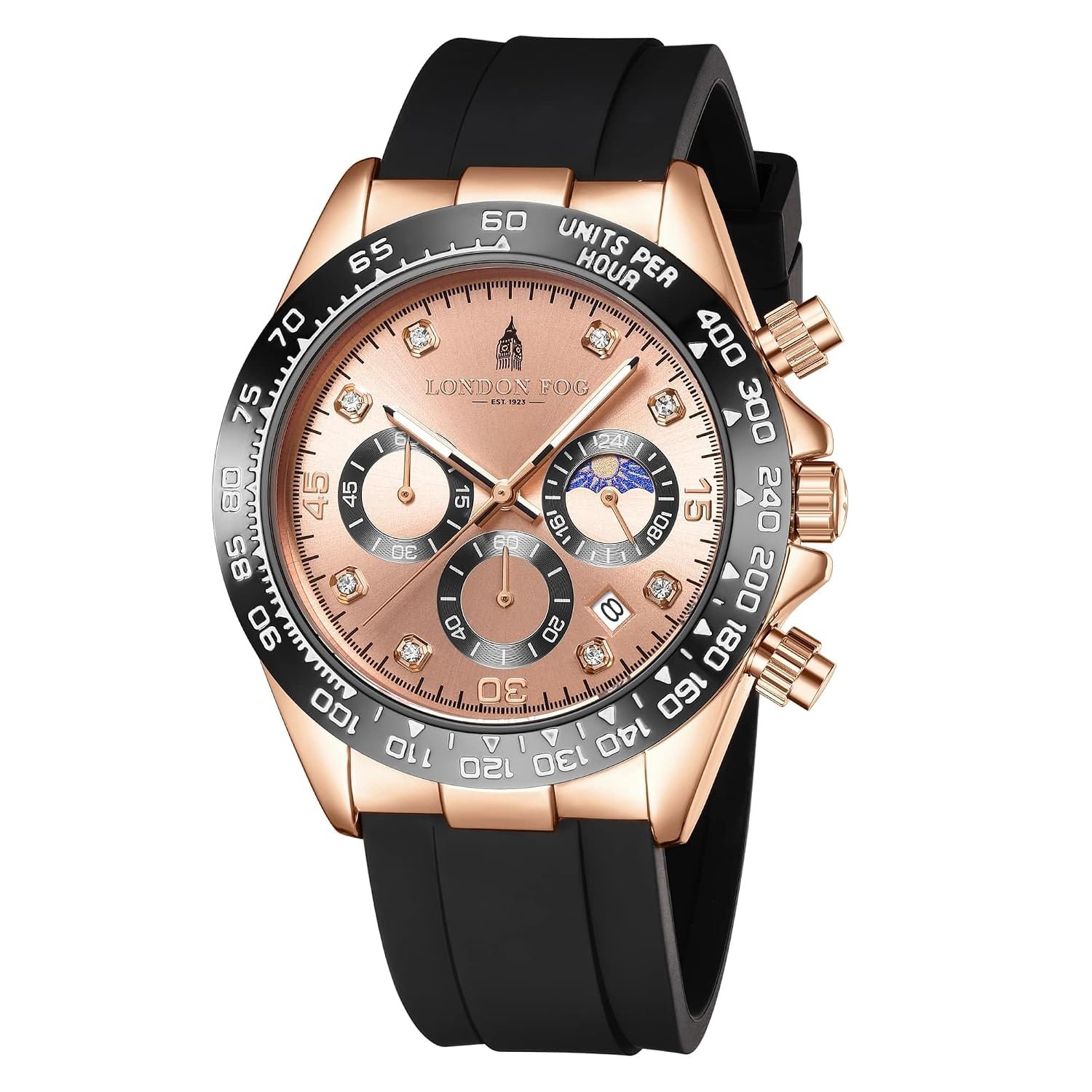 London Fog Bond Collection Analog Quartz Watch for Men with Round Dial and Silicone Strap, Metal Case with Tachymeter Bezel, Chronograph Function, Date Display, Luminous Hands & Hour Markers, Water Resistant