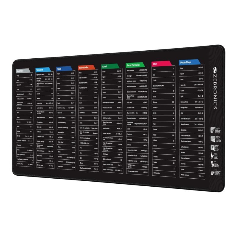 ZEBRONICS MSP XL 'R Extended Mouse Pad, 800 x 300 mm Universal Shortcut Keys Print, Ultra-Smooth Glide Surface, Anti-Slip Rubber Base, Anti-Fray Edges, Durable Build