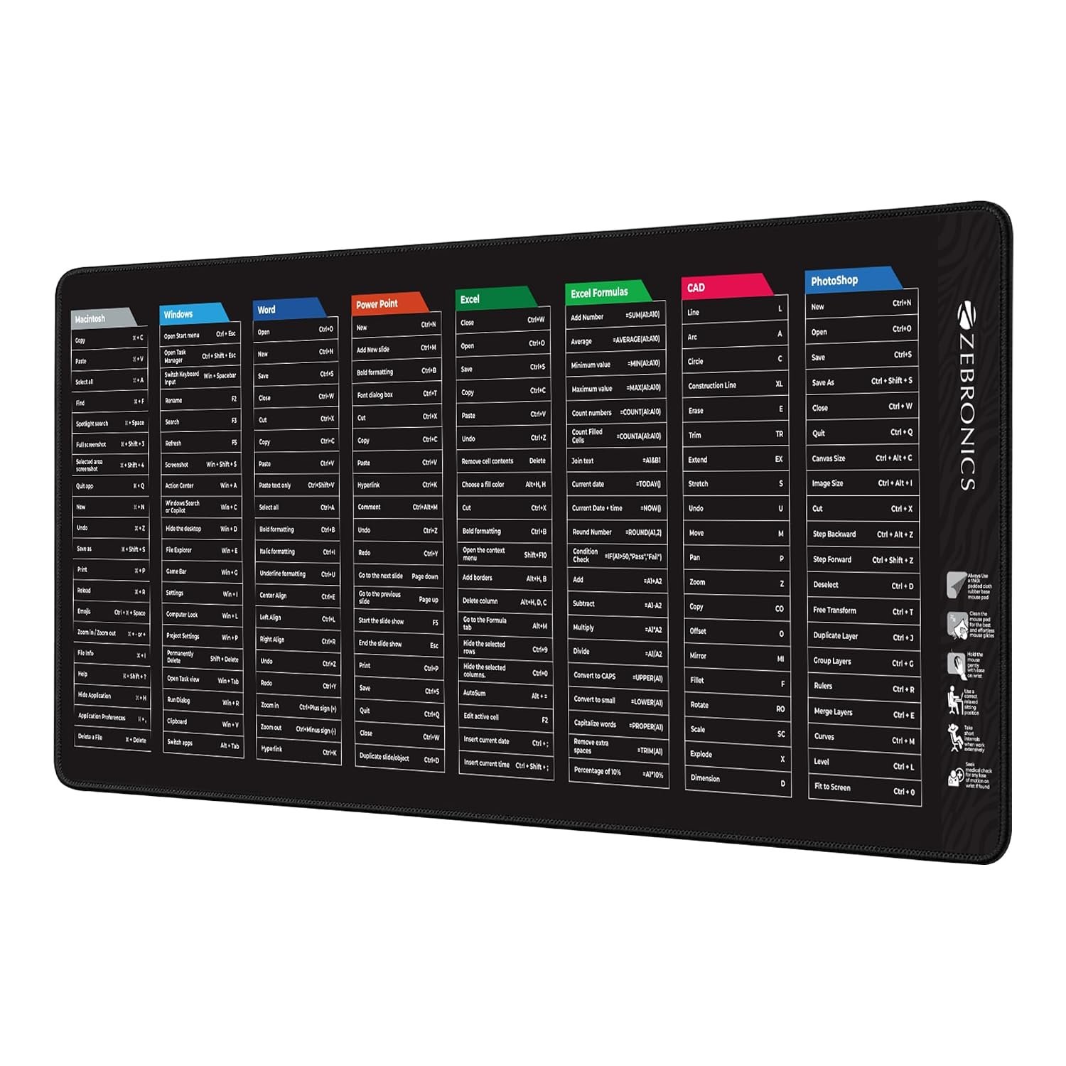 ZEBRONICS MSP XL 'R Extended Mouse Pad, 800 x 300 mm Universal Shortcut Keys Print, Ultra-Smooth Glide Surface, Anti-Slip Rubber Base, Anti-Fray Edges, Durable Build