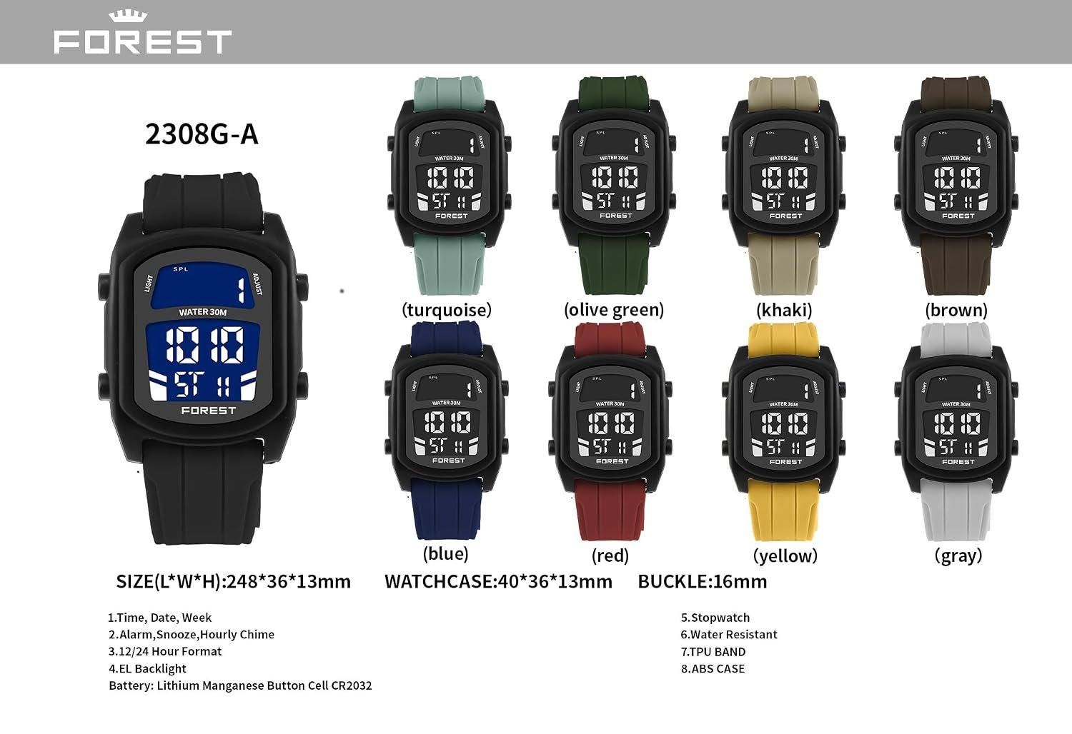 FOREST Premium Brand - A Digital Watch Shockproof Multi-Functional Automatic Silicone Strap Waterproof Digital Sports Watch for Men (F-2308-G-BLACK)
