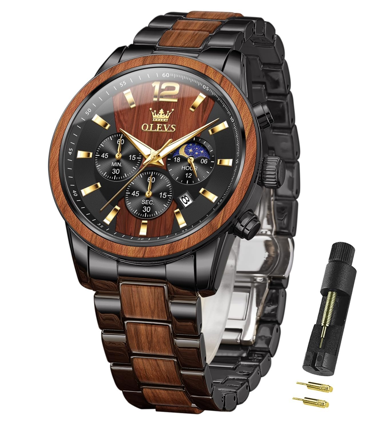 OLEVS Chronograph Watches for Men Original Analog Quartz Gold Silver Stainless Steel Metal Strap Blue Luxury Moon Phase Date Waterproof Branded Men's Wrist Watch