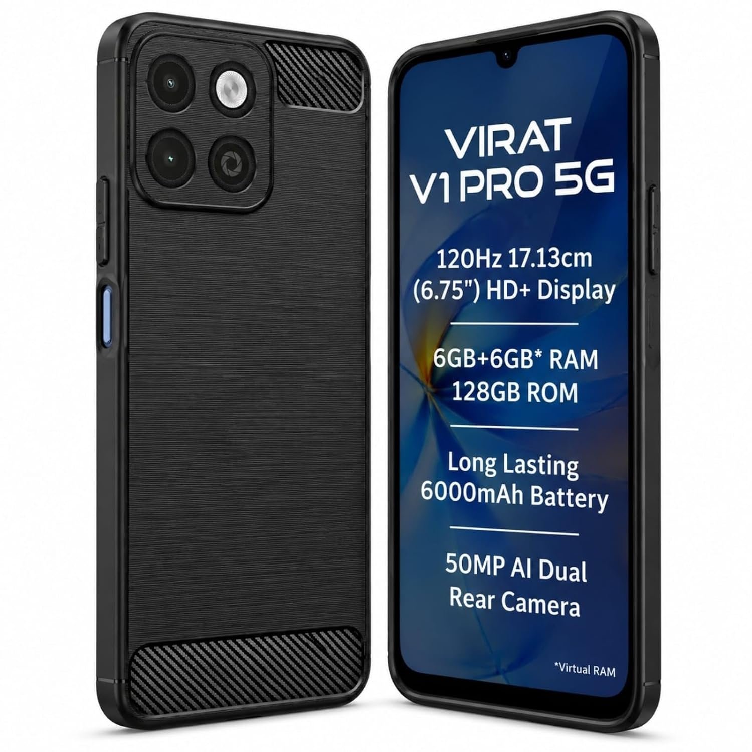Carbon Fiber Armor Back Cover for Lava Virat V1 Pro 5G | Virat V1 Pro 5G | Hybrid Shockproof Rugged Protection | Matte Finish Soft Flexible TPU Case (Black)