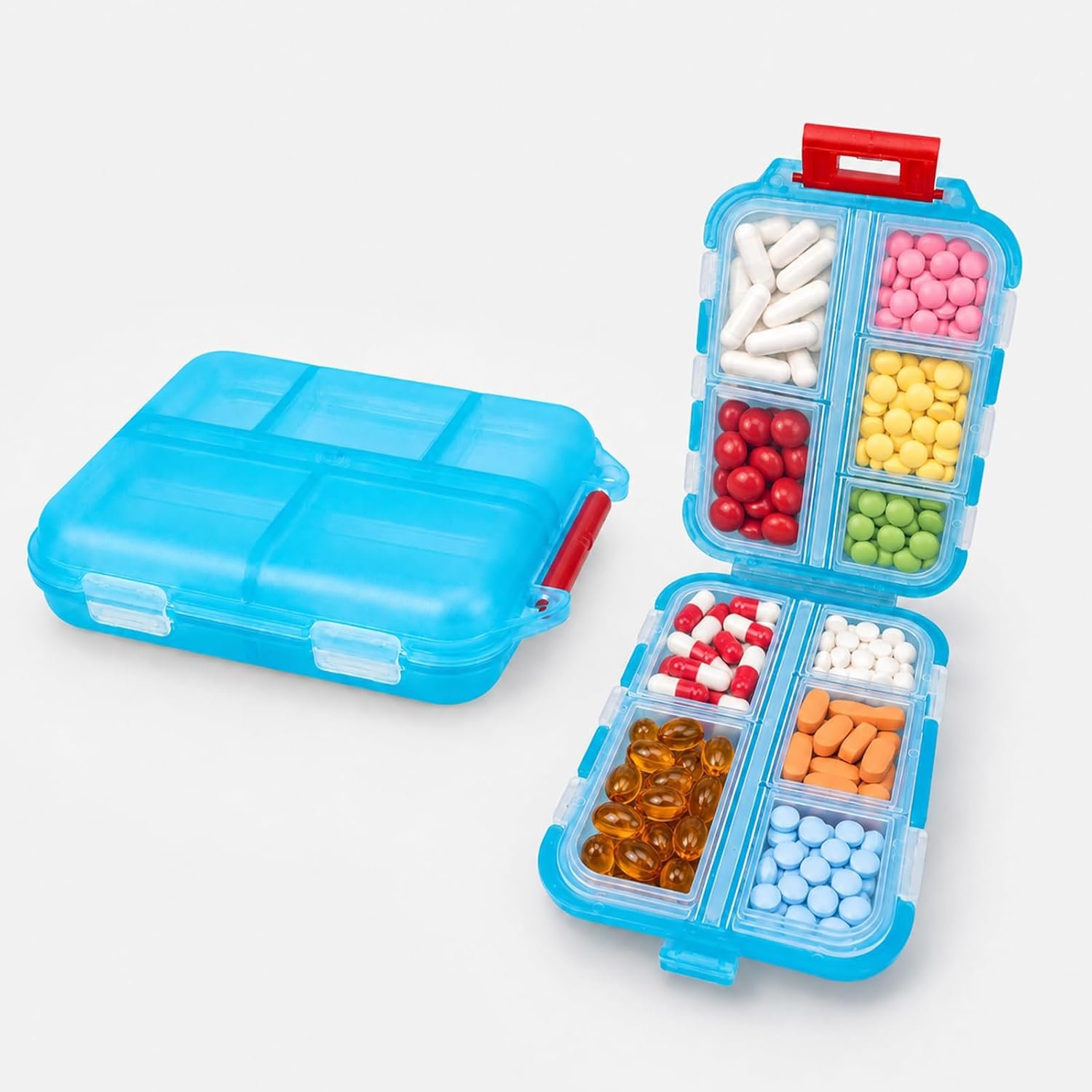 Solitude Pill Box with 10 Compartments | Medicine Box for Travel, Small Portable Pill Organizer | Tablet Box for Medicine, Vitamins & Supplements (Light Blue)