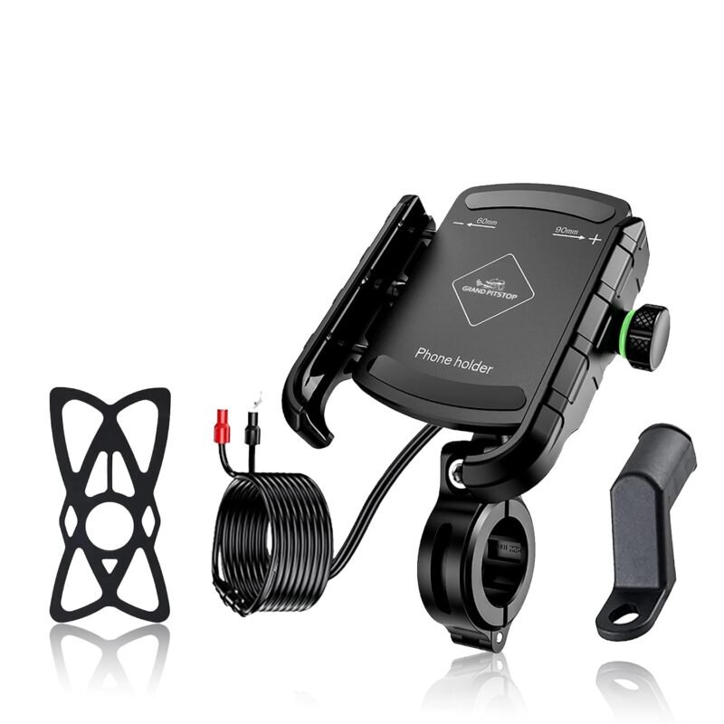 GRAND PITSTOP Mobile Holder for Bikes, Motorcycle, Scooter, Bicycles, Jaw Grip with Charger Bike Mobile Holder for Maps and GPS Navigation with 360° Rotation Handlebar Phone Mount-Black