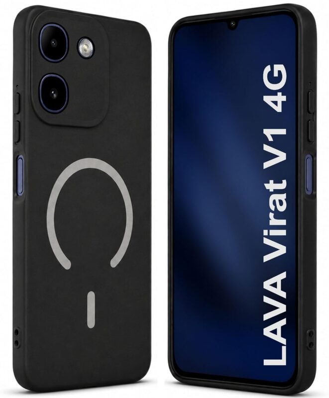 SBMS Silicone Back Cover Case for Lava Virat V1 4G | Soft Micro-Fibre Lining Inside | Magsafe Print On Back Side Camera Protection Bump | Shockproof Back Case Lava Virat V1 4G (Black)