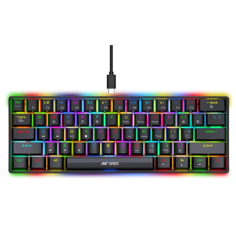Ant Esports MK1300 V2 60% Wired Mechanical Gaming Keyboard, 61 Keys Compact Mini Software Controlled, RGB Backlit,Hot-Swappable Red Switches, Detachable USB-C, Anti-Ghosting, PC/Mac Compatible – Black