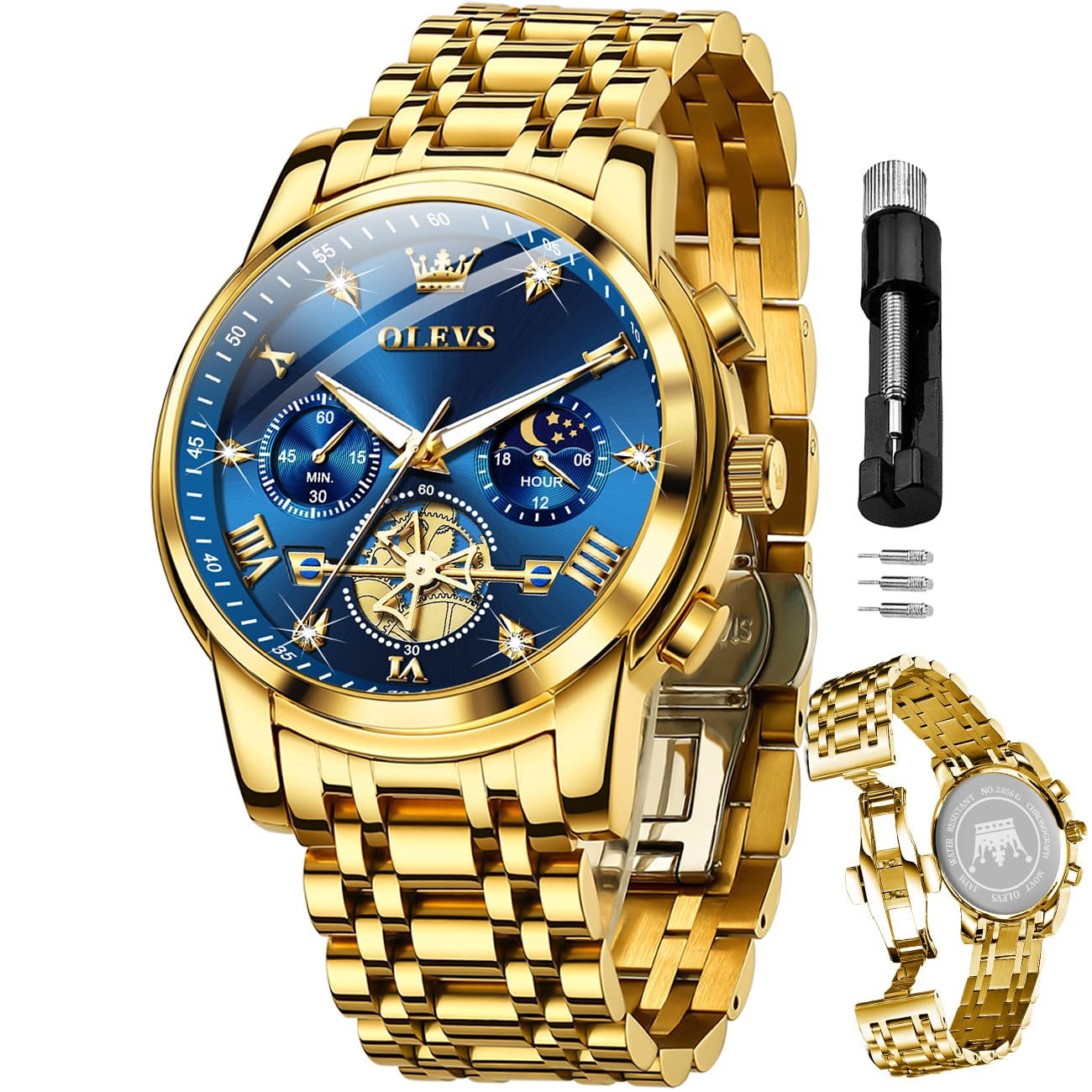 OLEVS Mens Chronograph Watch Gold Silver Stainless Steel Chain Quartz Wrist Watches Business Dress Waterproof Luminous Date Watch