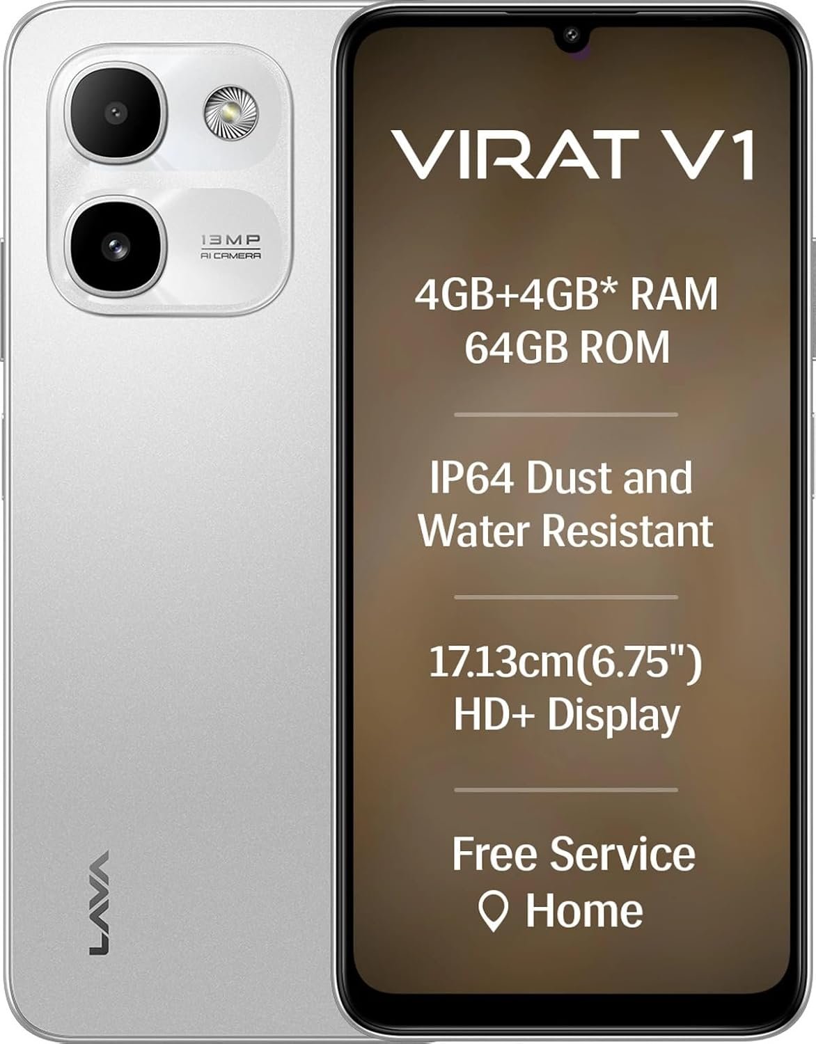 Lava Virat V1 Smartphone, 64GB, 4GB RAM, Himalayan Silver