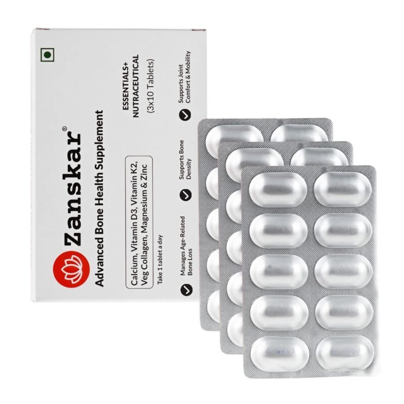 Zanskar Advanced Bone Health Tablet (30 Tablets) | Calcium, Vitamin D3, Vitamin K2, Collagen, Magnesium & Zinc (1200mg) | 100% Veg | Bone Health and Joint Support