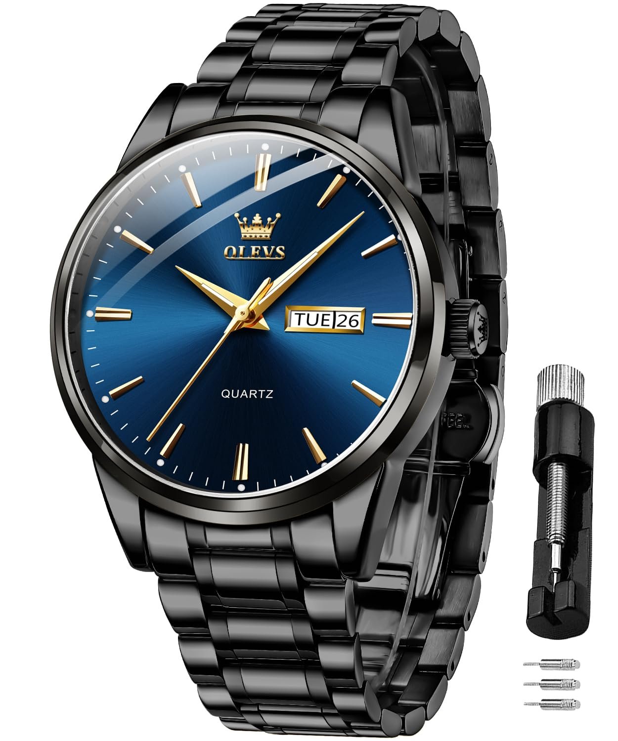 OLEVS Watch for Men Gold Blue Black Analog Quartz Dress Business Watch Day Date Calendar Stainless Steel Luxury Luminous Waterproof Casual Men Wrist Watches
