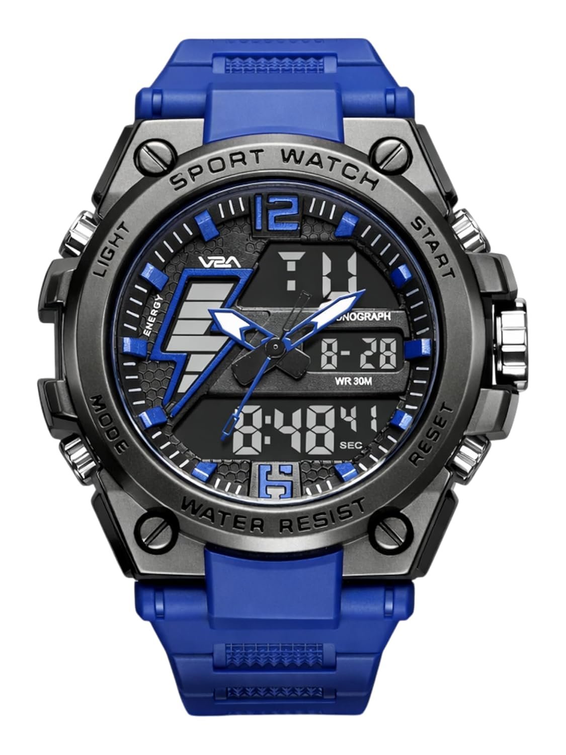 V2A Stryke 45mm Analog Digital Sports Watch for Men | Hybrid Layered Dial | Alarm Stopwatch Backlight Day Date | TPU Strap | 30M Water Resistant | Gift for Mens