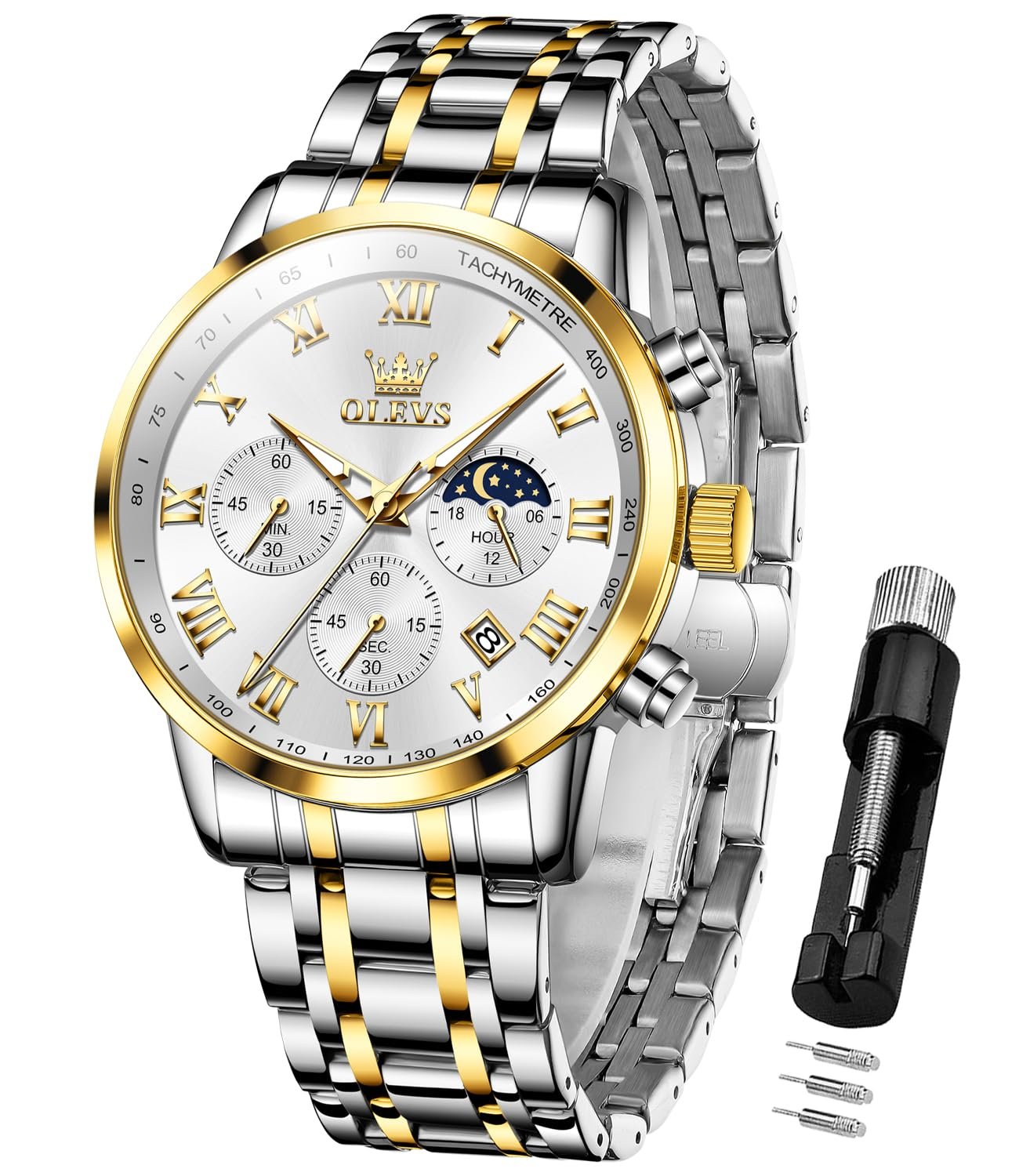 OLEVS Watch for Men Original Analog Quartz Chronograph Luxury Dress Stainless Steel Chain Waterproof Luminous Men's Wrist Watch Date