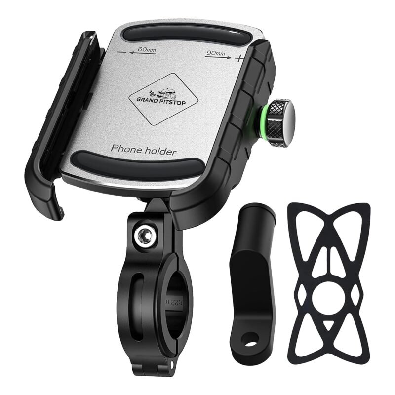 GRAND PITSTOP Bike Mobile Holder | (Silver - Jaw Grip 360°) | Aluminium Clamp for Scooters, Bikes, Bicycles | Sturdy GPS Phone Mount | Shockproof, Firm Hold for Navigation