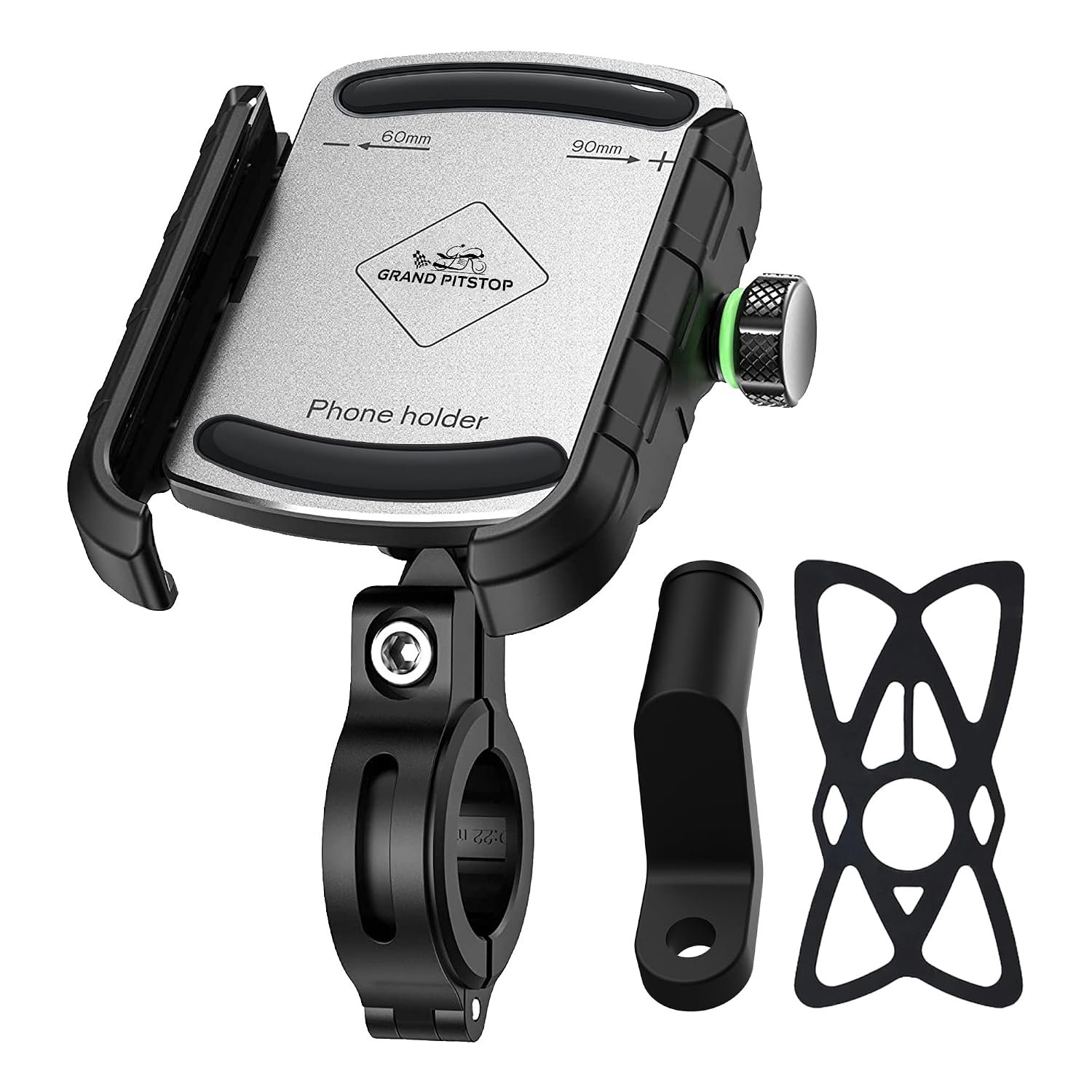 GRAND PITSTOP Bike Mobile Holder | (Silver - Jaw Grip 360°) | Aluminium Clamp for Scooters, Bikes, Bicycles | Sturdy GPS Phone Mount | Shockproof, Firm Hold for Navigation