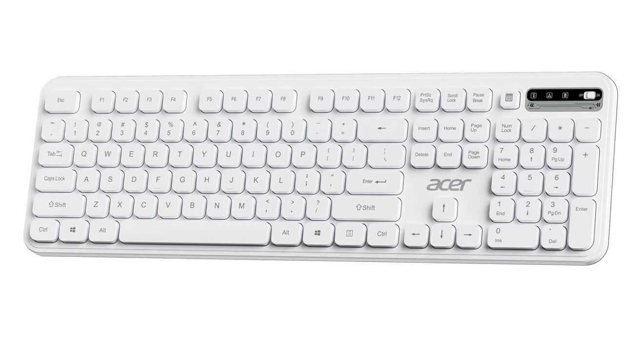 Acer SoftKey Pro Wireless Keyboard | 2.4GHz USB Connectivity | Full-Size 108-Key Layout with Numeric Keypad | Silent Round Keys | Slim Minimalist Design | Windows & iOS | White | AAA Battery Included