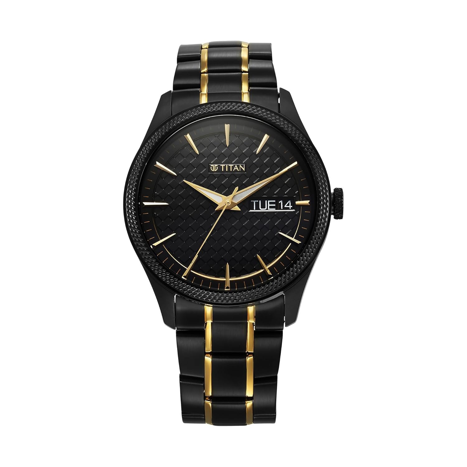 Titan Regalia Opulent Quartz Analog with Day & Date Black Dial Two Toned Black & Gold Stainless Steel Strap Watch for Men - NT1805KM10