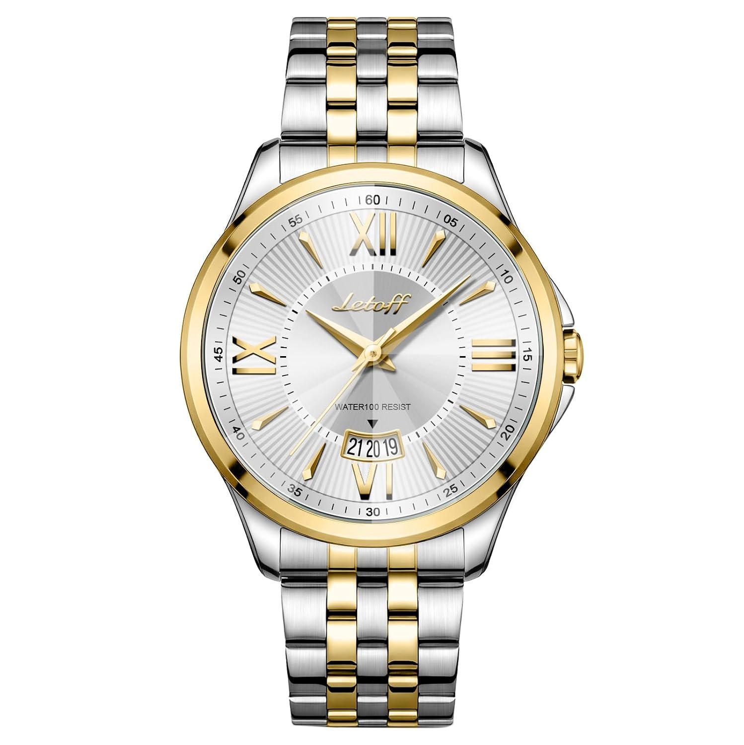 Letoff Men's Analog Watch,Tool-Free Adjustable Clasp, Water Resistant 100ft, Roman Numeral Dial, Stainless Steel Case & Strap, Perfect for Business & Casual Wear