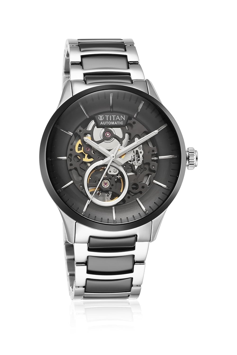 Titan Ceramic Fusion Automatic Black Dial Silver Dual-Toned Stainless Steel Bracelet Watch for Men-90174KD01