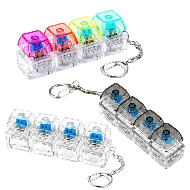 Pack of 3 Keyboard Fidget, Stress Relief for Office, Key Fob with Transparent Keys, 4 Keys Anti-Stress Keyboard Pendant, for Stress Relief, Everyday Life, Office, School